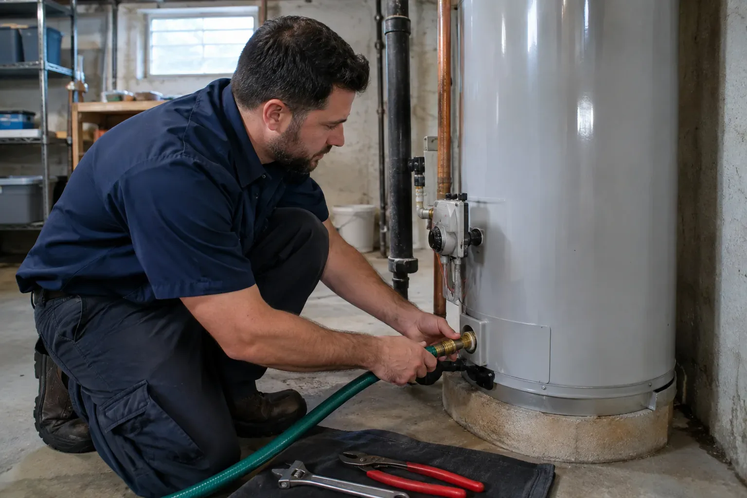 Prime Plumbing technician flushing sediment from a water heater tank into a hose in a Greater Boston basement
