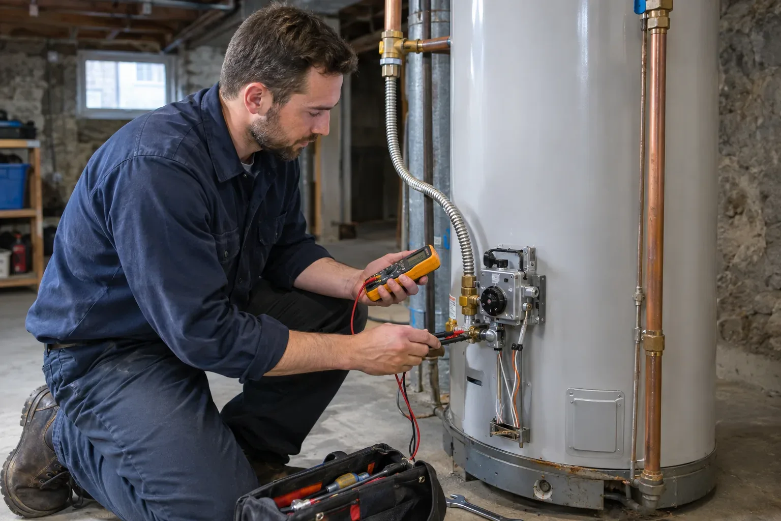 Prime Plumbing technician testing the gas control valve on a water heater in a Greater Boston basement